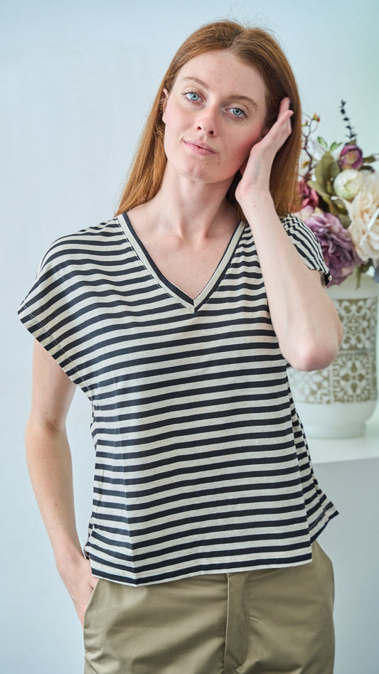 Dixie - T-shirt a righe scollo a V - ART.T262A124 - Nero - Beige