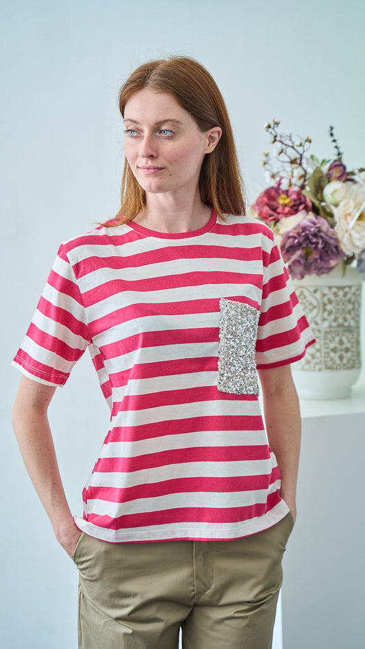 Dixie - T-shirt a righe con tasca paillettes - ART.T262A156 - Burro - Fucsia