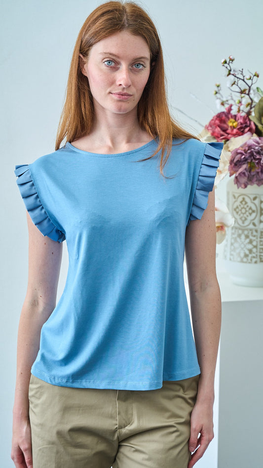 Via Roma - T-shirt con volan su manica - Celeste