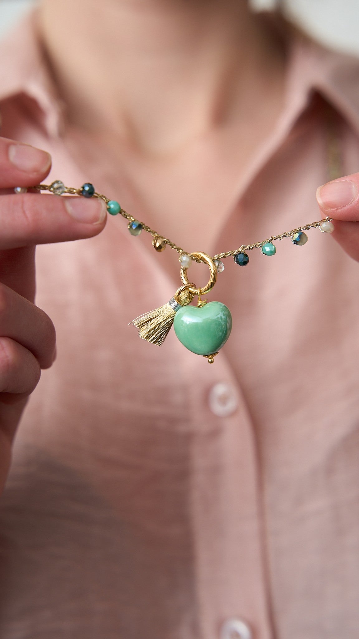 Via Roma - Collana "Cuore Ceramica" Verde Tiffany - Trasparente - Dorato - Blu