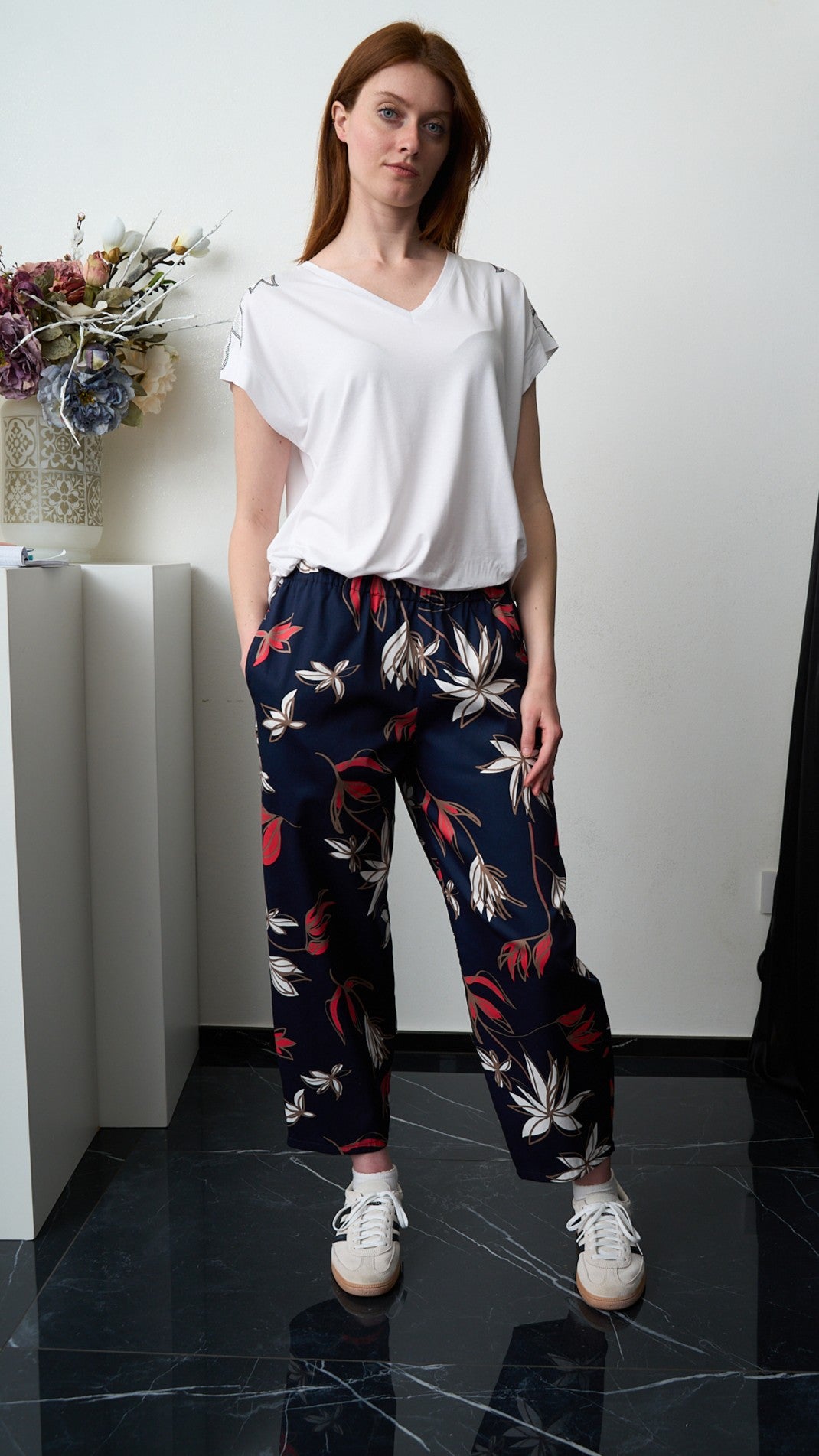Via Roma - Pantalone fantasia ovetto Blu - Bianco - Corallo - Taupe
