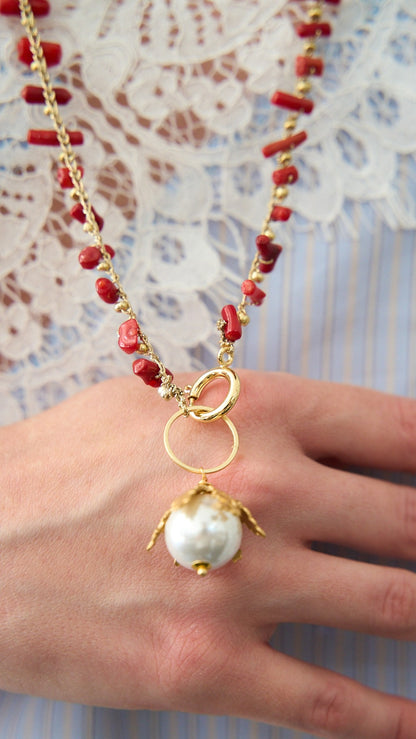 Via Roma - Collana "Coralli" Rosso - Dorato - Bianco Perla
