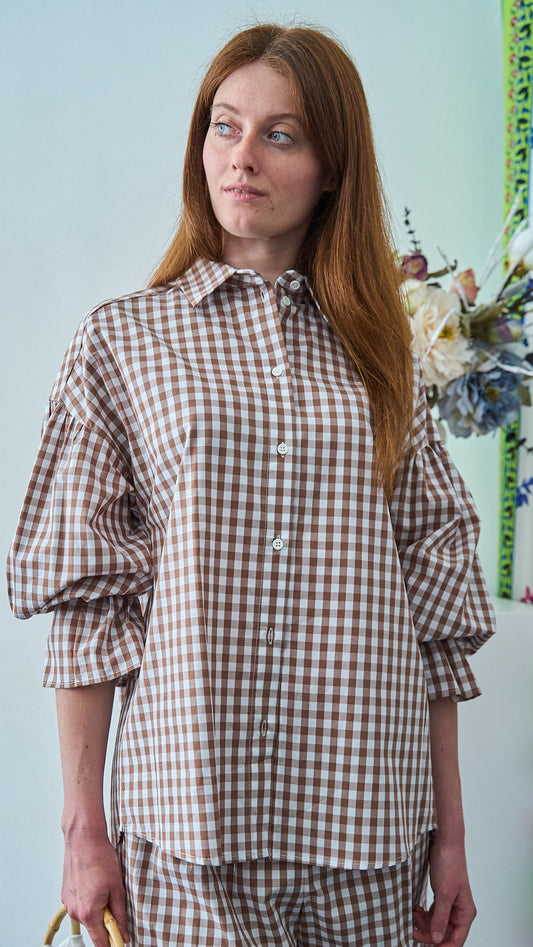 King Kong - Camicia a quadri manica elasticata sul polso - ART.SP8EG46 - Cacao - Bianco