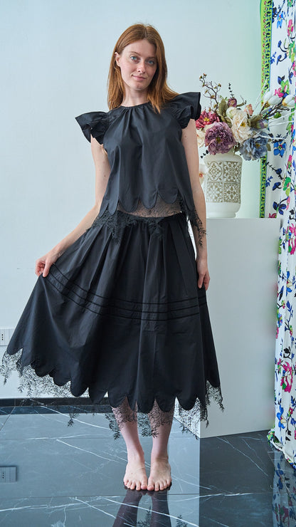 Tensione In - Gonna con elastico con dettagli in pizzo - ART.38420 - Nero