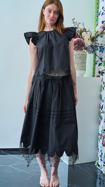 Tensione In - Gonna con elastico con dettagli in pizzo - ART.38420 - Nero