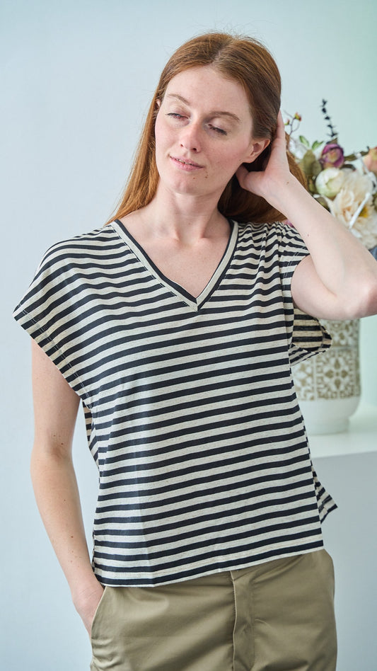 Dixie - T-shirt a righe scollo a V - ART.T262A124 - Nero - Beige