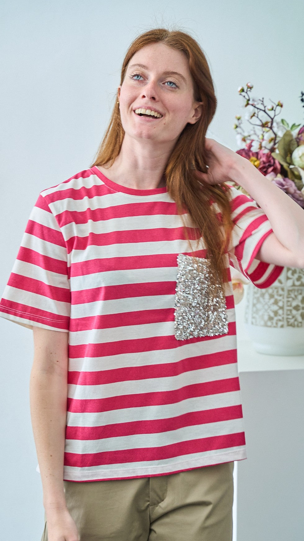 Dixie - T-shirt a righe con tasca paillettes - ART.T262A156 - Burro - Fucsia