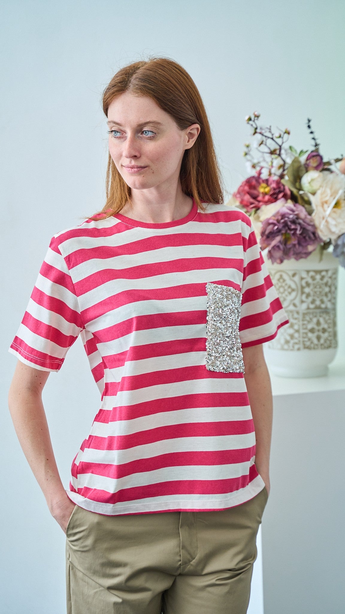 Dixie - T-shirt a righe con tasca paillettes - ART.T262A156 - Burro - Fucsia
