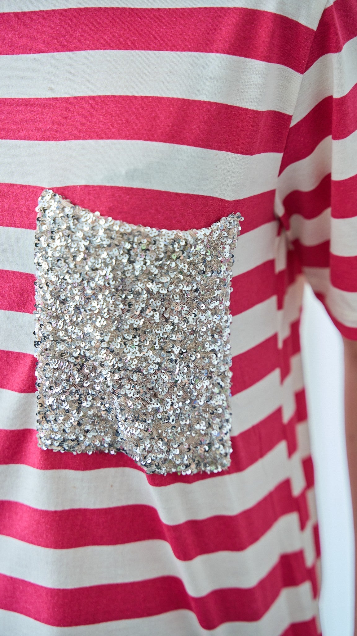 Dixie - T-shirt a righe con tasca paillettes - ART.T262A156 - Burro - Fucsia