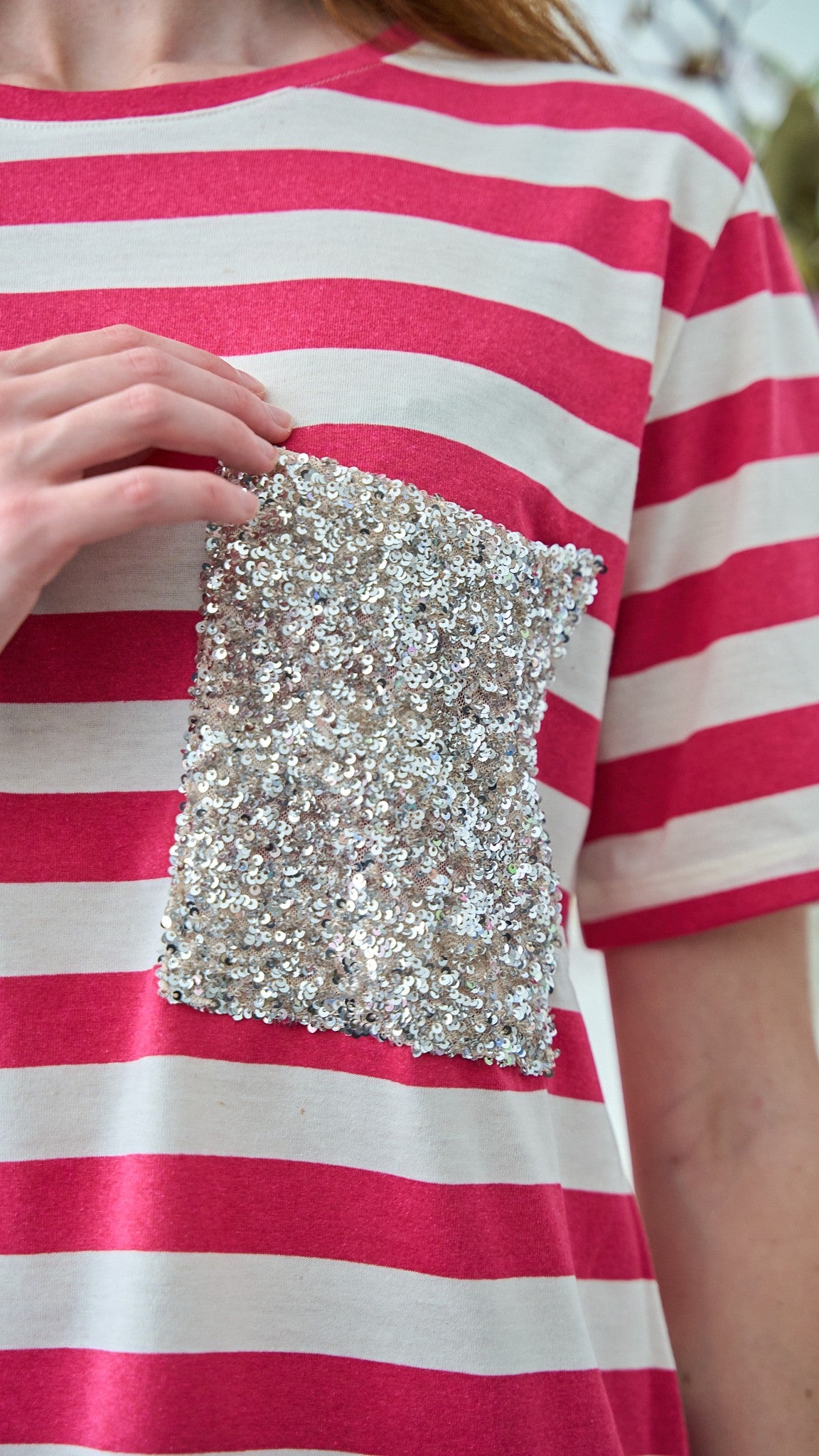 Dixie - T-shirt a righe con tasca paillettes - ART.T262A156 - Burro - Fucsia