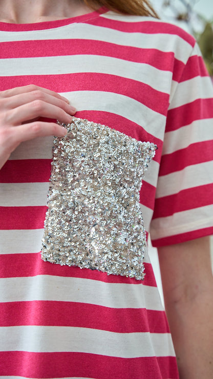 Dixie - T-shirt a righe con tasca paillettes - ART.T262A156 - Burro - Fucsia