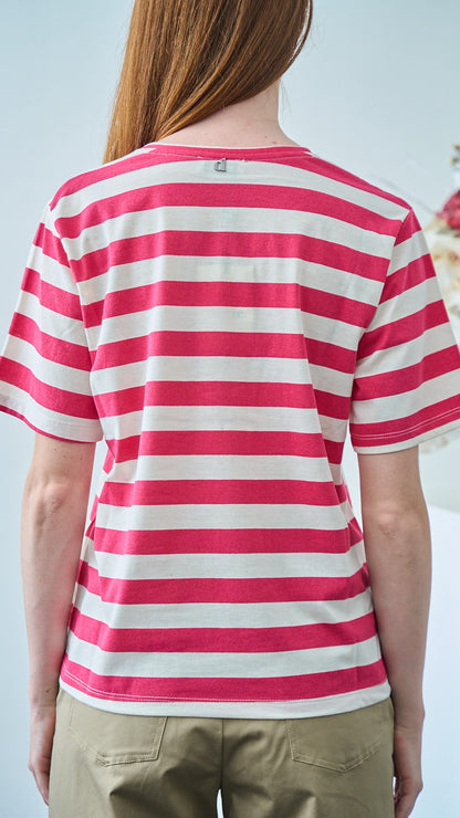 Dixie - T-shirt a righe con tasca paillettes - ART.T262A156 - Burro - Fucsia