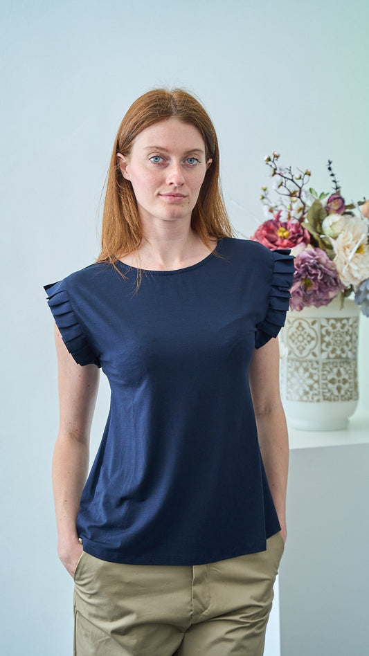 Via Roma - T-shirt con volan su manica - Blu