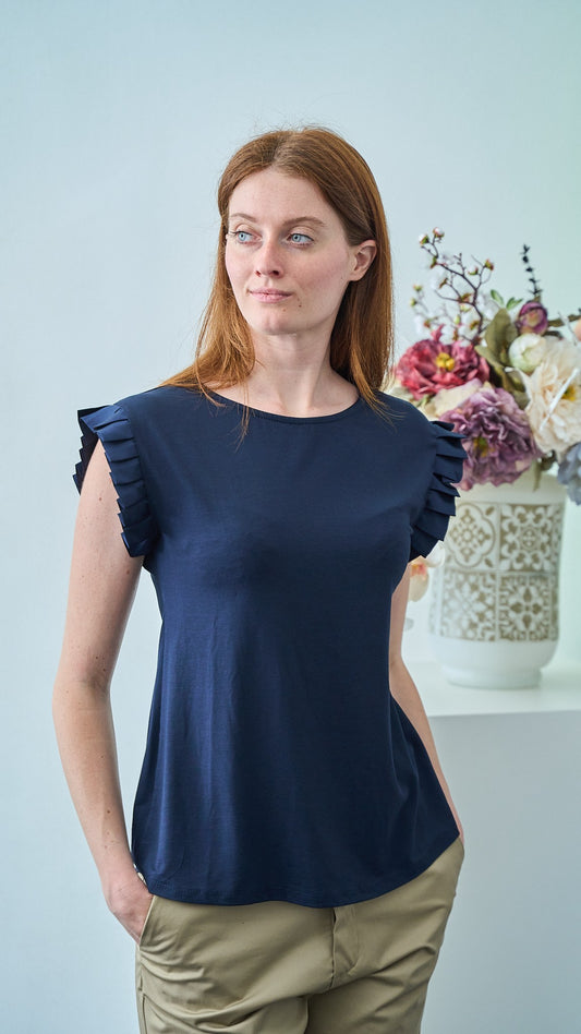 Via Roma - T-shirt con volan su manica - Blu