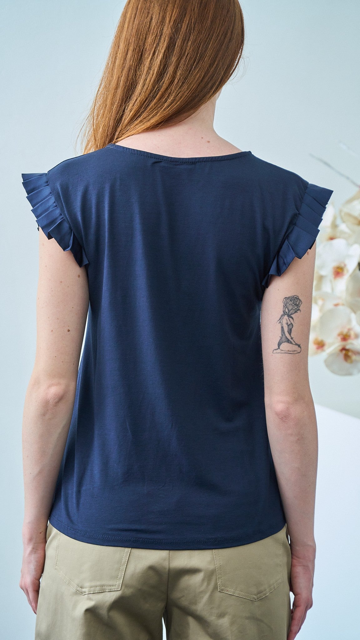 Via Roma - T-shirt con volan su manica - Blu