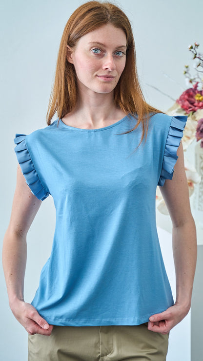 Via Roma - T-shirt con volan su manica - Celeste