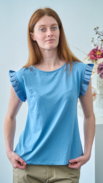 Via Roma - T-shirt con volan su manica - Celeste