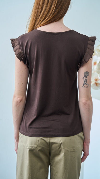 Via Roma - T-shirt con volan su manica - Cioccolato