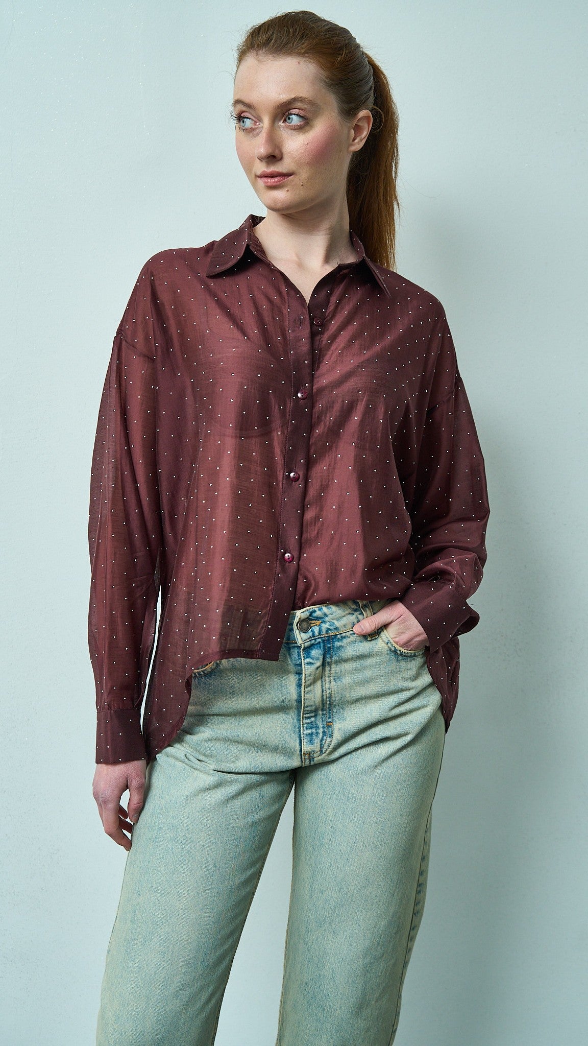 Kontatto - Camicia stondata in lyocell con strass - ART.YM3001C Sangria