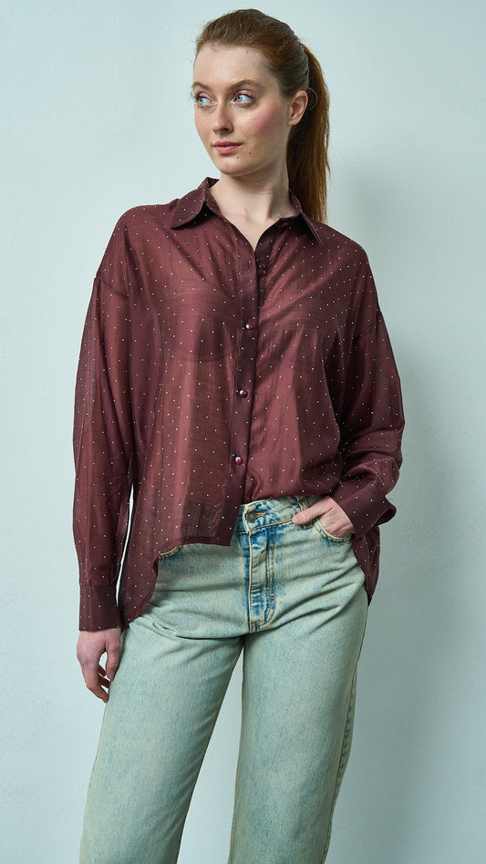 Kontatto - Camicia stondata in lyocell con strass - ART.YM3001C Sangria
