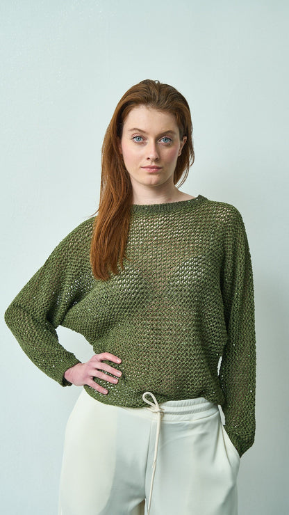 King Kong - Maglia traforata con micro paillettes e maniche pipistrello - ART.SP8PA15 Verde militare