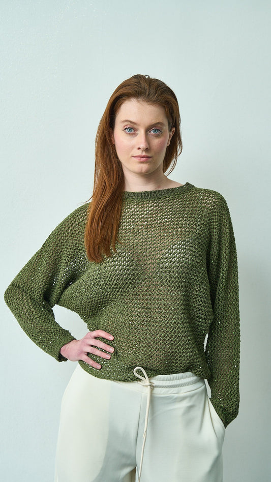 King Kong - Maglia traforata con micro paillettes e maniche pipistrello - ART.SP8PA15 Verde militare