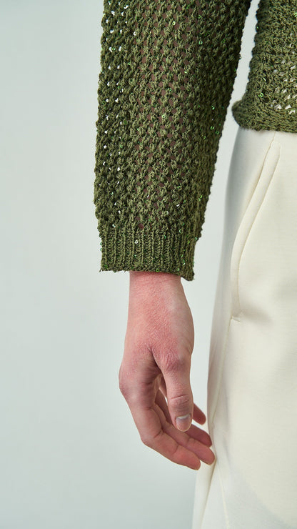 King Kong - Maglia traforata con micro paillettes e maniche pipistrello - ART.SP8PA15 Verde militare