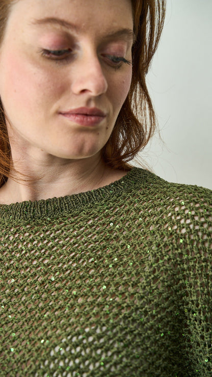 King Kong - Maglia traforata con micro paillettes e maniche pipistrello - ART.SP8PA15 Verde militare