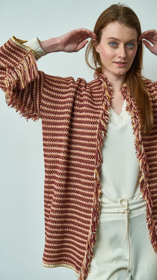 Kontatto - Cardigan tramato con frange - ART.3M1581C Senape - Ecru - Terra - Nude