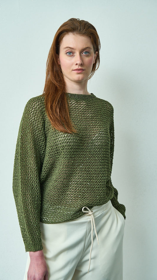 King Kong - Maglia traforata con micro paillettes e maniche pipistrello - ART.SP8PA15 Verde militare
