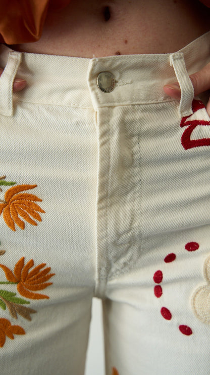 Kontatto - Pantalone palazzo ricamato - ART.ASTER Bianco - Multicolore