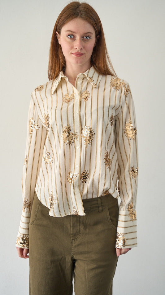Tensione in - Camicia gessata con paillettes - ART.S26C111CAMP Burro - Oro