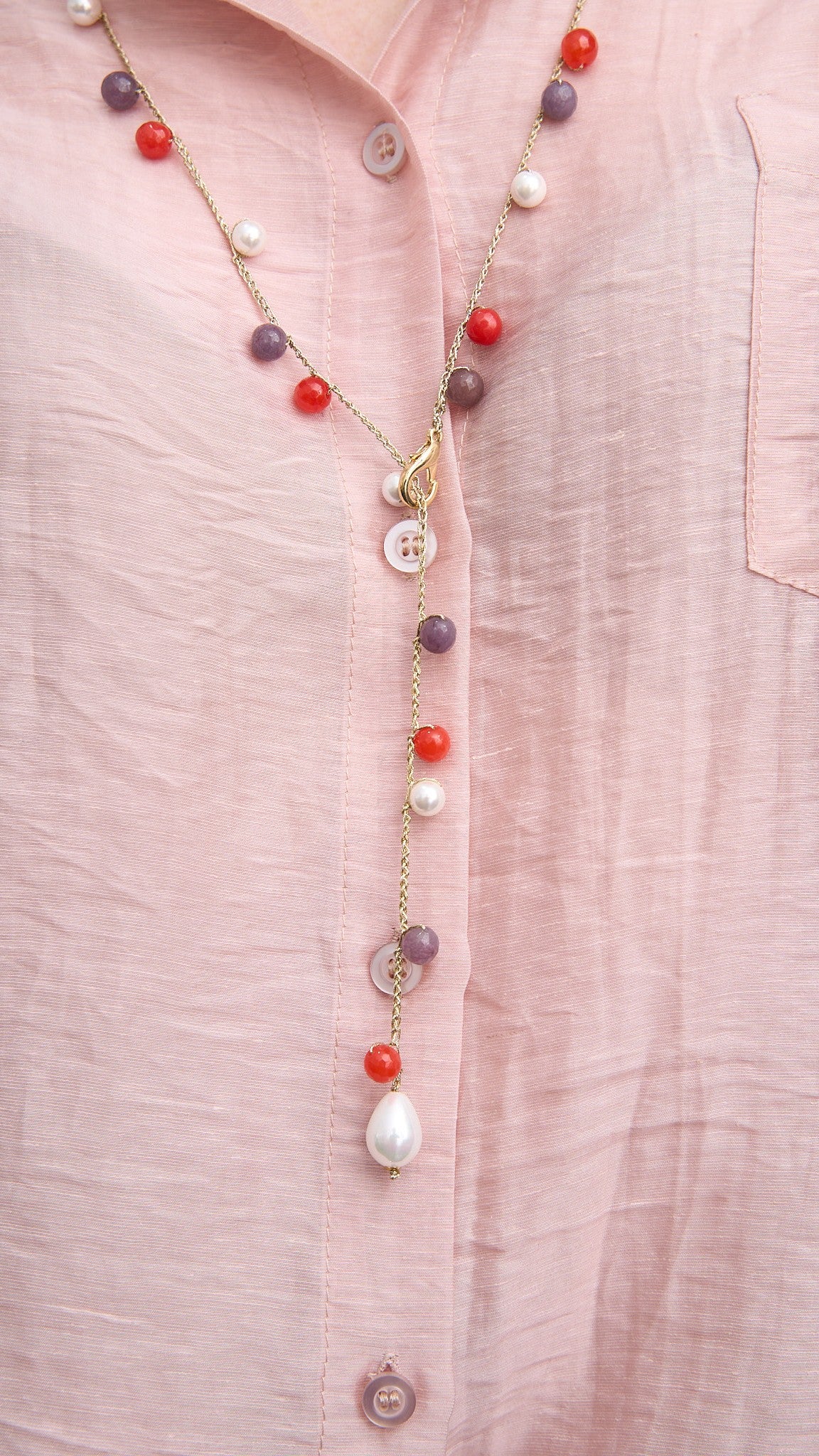 Via Roma - Collana "Costellazione" Oro - Corallo - Bianco - Grigio Violaceo