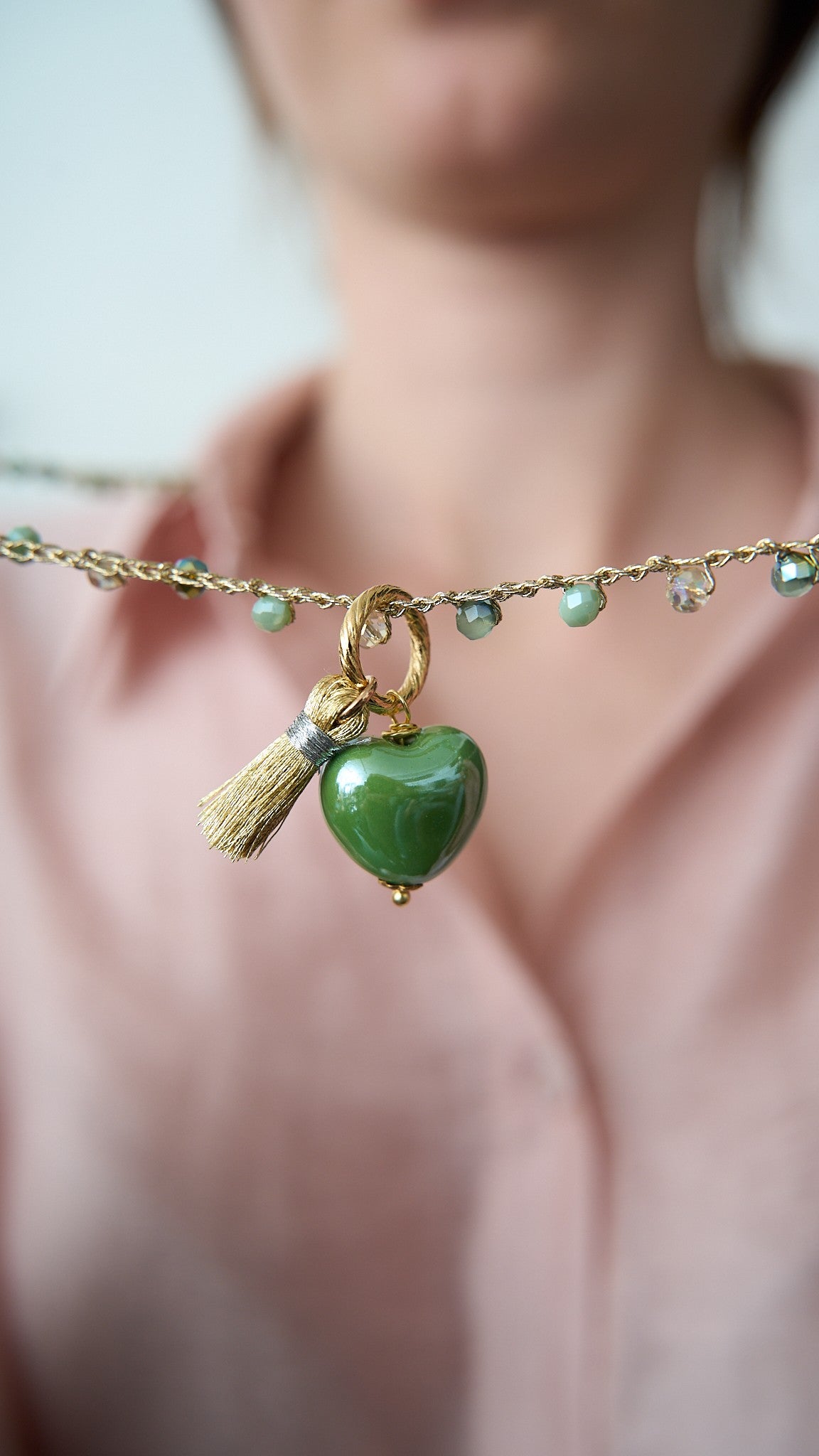 Via Roma - Collana "Cuore Ceramica" Verde - Dorato - Citrino