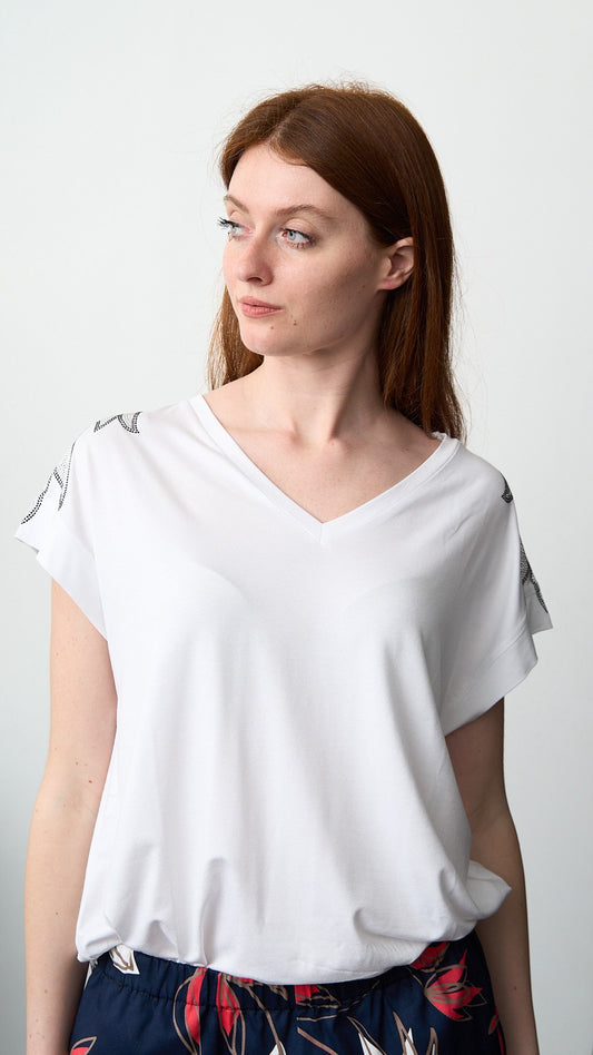 Olivia Rei - T-shirt scollo a V con applicazioni su spalline - ART.SS2636 Bianco - Argento - Nero