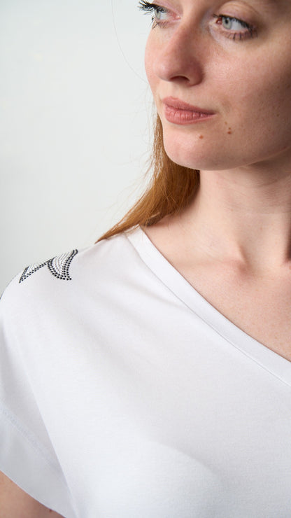 Olivia Rei - T-shirt scollo a V con applicazioni su spalline - ART.SS2636 Bianco - Argento - Nero
