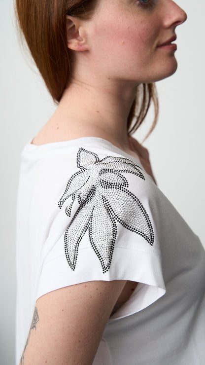 Olivia Rei - T-shirt scollo a V con applicazioni su spalline - ART.SS2636 Bianco - Argento - Nero