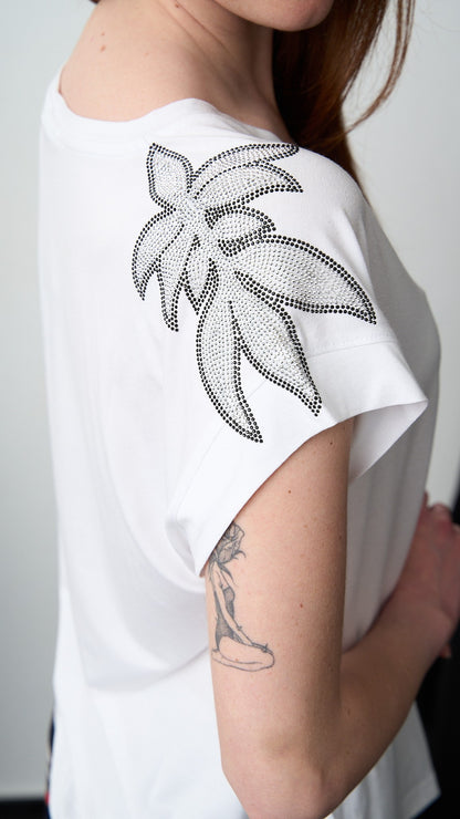 Olivia Rei - T-shirt scollo a V con applicazioni su spalline - ART.SS2636 Bianco - Argento - Nero
