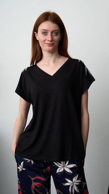 Olivia Rei - T-shirt scollo a V con applicazioni su spalline - ART.SS2636 Argento - Nero