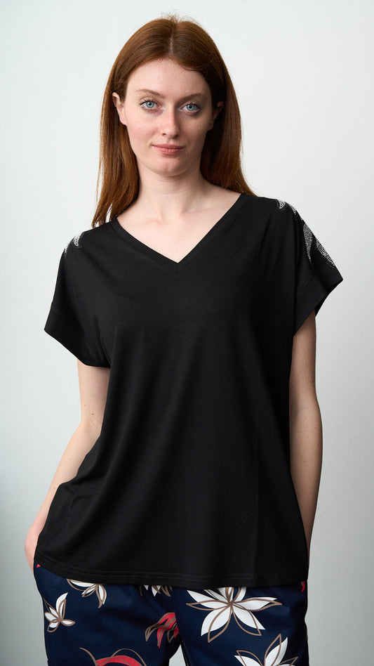 Olivia Rei - T-shirt scollo a V con applicazioni su spalline - ART.SS2636 Argento - Nero