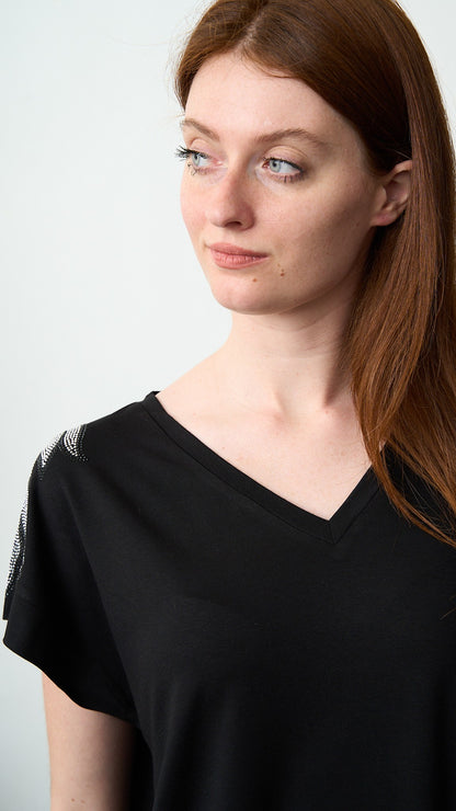 Olivia Rei - T-shirt scollo a V con applicazioni su spalline - ART.SS2636 Argento - Nero