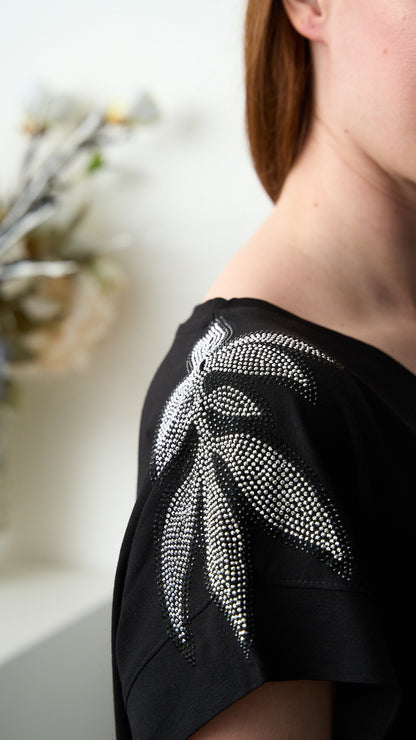 Olivia Rei - T-shirt scollo a V con applicazioni su spalline - ART.SS2636 Argento - Nero