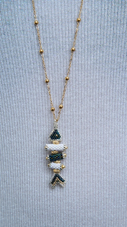 Via Roma - Collana "Pesciolino Scheletrino" Blu Cangiante - Bianco Perla - Dorato