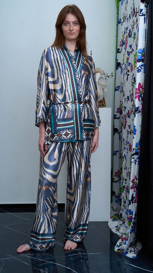 Via Roma - Completo fantasia con giacca kimono Moro - Blu - Beige