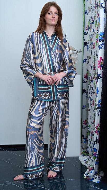 Via Roma - Completo fantasia con giacca kimono Moro - Blu - Beige