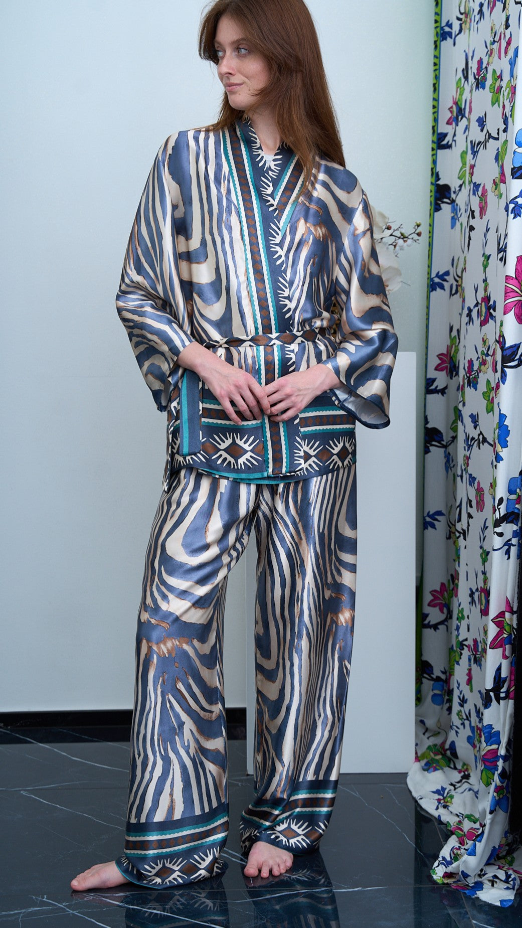 Via Roma - Completo fantasia con giacca kimono Moro - Blu - Beige