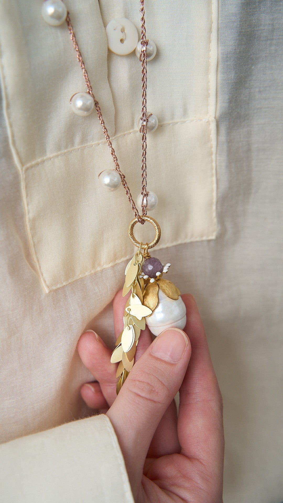 Via Roma - Collana "Lacrime di San Lorenzo" - Bianco - Oro Rosa - Dorato - Lilla