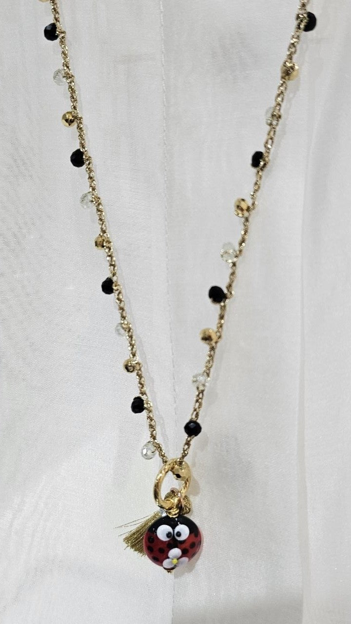 Via Roma - Collana "Coccinella"  Nero - Bianco - Dorato - Trasparente - Rosso