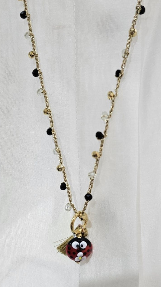 Via Roma - Collana "Coccinella"  Nero - Bianco - Dorato - Trasparente - Rosso