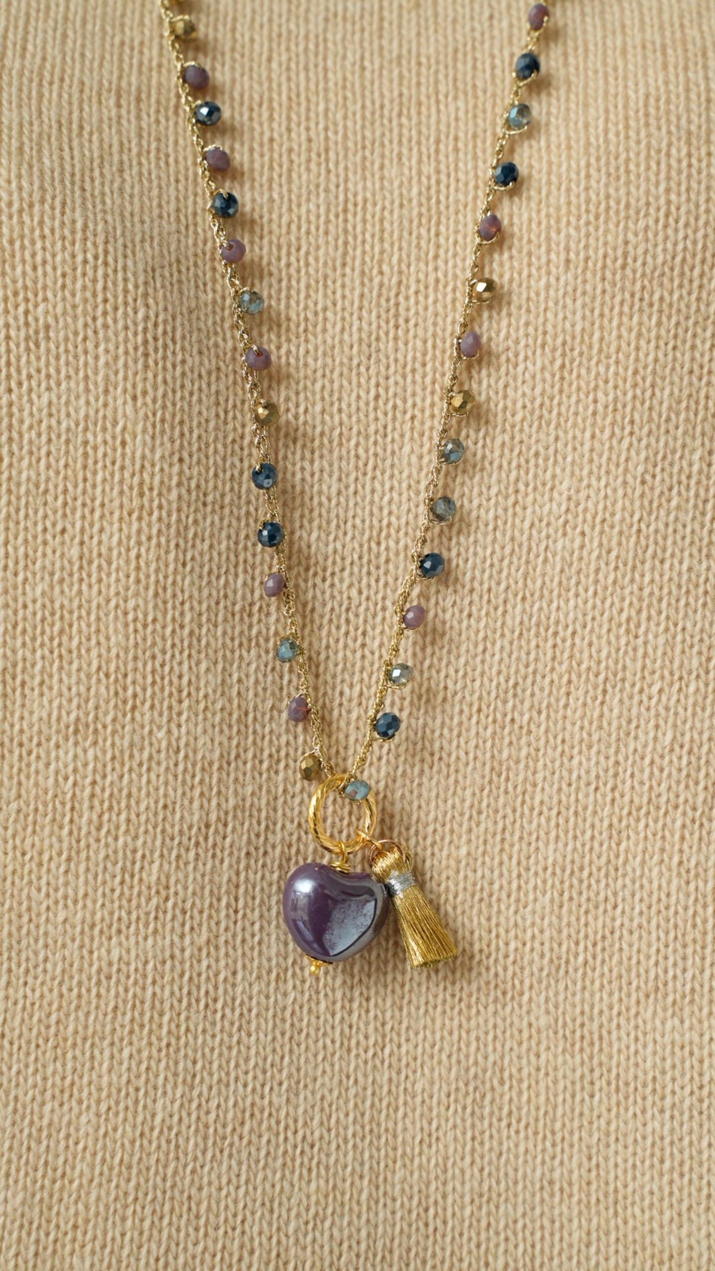 Via Roma - Collana "Cuore Ceramica" Blu - Viola - Grigio Cangiante - Dorato - Argento